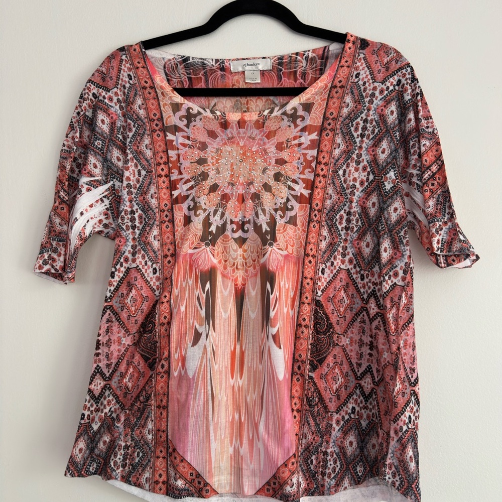 CJ Banks Pink and Black Graphic 3/4 Sleeve Blouse‎